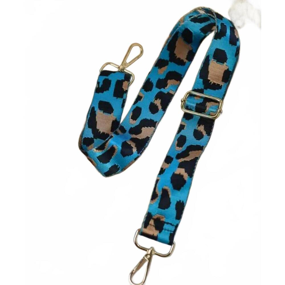 NEW LAUREN LANE women's leopard print woven guitar crossbody bag strap in turquo